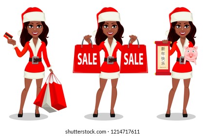 African-American woman in Santa Claus costume, set of three poses. Cartoon character holds credit card, holds shopping bags and holds scroll and piggy. Lettering translates as Happy New Year. Vector
