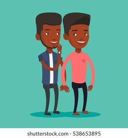 An african-american woman shielding her mouth and whispering a gossip to her friend. Two happy women sharing gossips. Smiling friends discussing gossips. Vector flat design illustration. Square layout