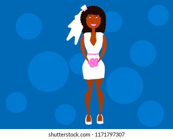 African-American woman in a short wedding dress with a veil. Flat style. Vector illustration