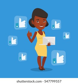 An african-american woman showing thumb up and like social network buttons around her. Woman with laptop and like social network buttons with thumb up. Vector flat design illustration. Square layout