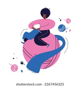 An African-American woman sits on a huge ball of thread and knits a long scarf. Design for postcard, banner or poster. Flat illustration. A set of balls of threads of different colors for needlework.