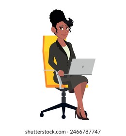 An African-American woman sits on an office chair with a laptop computer