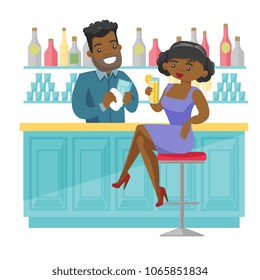 African-american woman sitting at the bar counter and bartender wiping a glass. Young woman relaxing in the bar with a glass of alcohol drink. Vector cartoon illustration isolated on white background.