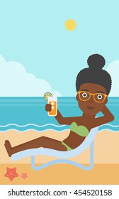 An african-american woman sitting in a chaise longue and holding a cocktail in hand on the background of sand beach with blue sea. Vector flat design illustration. Vertical layout.