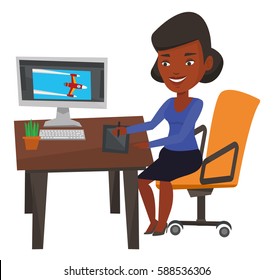 African-american woman sitting at desk and drawing on graphics tablet. Graphic designer using a digital graphics tablet, computer and pen. Vector flat design illustration isolated on white background.