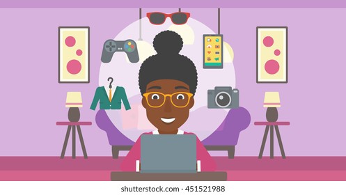 An african-american woman sitting in front of laptop and some images of goods around her. Woman doing online shopping. Woman buying on the internet. Vector flat design illustration. Horizontal layout.