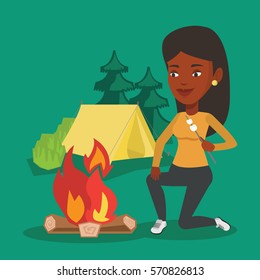 African-american woman sitting near campfire. Woman roasting marshmallow over campfire. Tourist relaxing near campfire on the background of camping site. Vector flat design illustration. Square layout