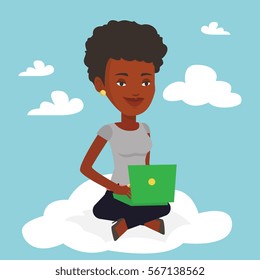 African-american woman sitting on a cloud with laptop. Woman using cloud computing technology. Woman working on computer. Concept of cloud computing . Vector flat design illustration. Square layout.