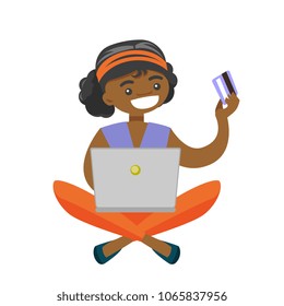 African-american woman sitting on the floor with a laptop computer and holding credit card in hand. Woman buying things online. Vector cartoon illustration isolated on white background. Square layout.