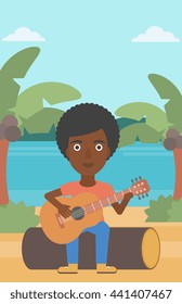 An african-american woman sitting on a log and playing a guitar on the background of tropical beach with palm trees and the sea vector flat design illustration. Vertical layout.