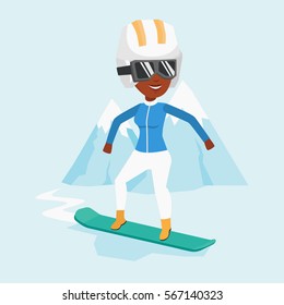 African-american woman snowboarding on the background of snow capped mountain. Snowboarder on piste in mountains. Woman snowboarding in the mountains. Vector flat design illustration. Square layout.