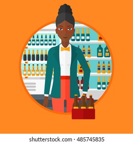 An african-american woman standing in alcohol store. Woman holding pack of beer at supermarket. Woman standing at alcohol section. Vector flat design illustration in the circle isolated on background.