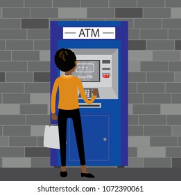 African-American woman standing near ATM machine,brick wall on background, vector illustration