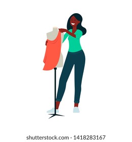 African-American woman standing near mannequin and attaching fabric to it cartoon style, vector illustration isolated on white background. Fashion designer making dress or another garment of clothes