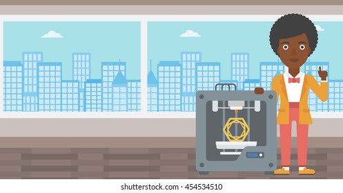 An african-american woman standing near tree D printer and pointing forefinger up. Engineer using 3D printer. Woman working with 3D printer. Vector flat design illustration. Horizontal layout.