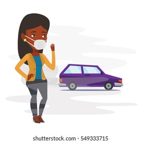 African-american woman standing on the background of car with traffic fumes. Woman wearing mask to reduce the effect of traffic pollution. Vector flat design illustration isolated on white background.