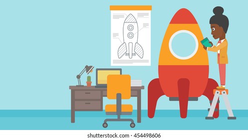 An african-american woman standing on ladder and engeneering a rocket. Woman working on the start up of a new business. Business start up concept. Vector flat design illustration. Horizontal layout.