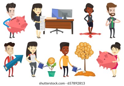 African-american woman standing on three alternative career ways. Young woman choosing career way. Concept of career choices. Set of vector flat design illustrations isolated on white background.