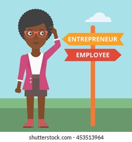 An african-american woman standing at road sign with two career pathways. Woman making a decision of her career pathway. Vector flat design illustration. Square layout.