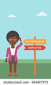 An african-american woman standing at road sign with two career pathways. Woman making a decision of her career pathway. Vector flat design illustration. Vertical layout.