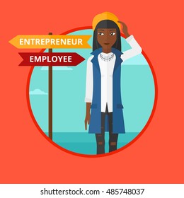 An african-american woman standing at road sign with two career pathways. Young woman making a decision of his career pathway. Vector flat design illustration in the circle isolated on background.