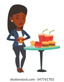 African-american woman suffering from heartburn. Woman having stomach ache from heartburn. Woman having stomach ache after fast food. Vector flat design illustration isolated on white background.