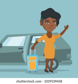 African-american woman with a suitcase standing on the background of car with open door. Young woman waving in front of car. Woman going on vacation by car. Vector cartoon illustration. Square layout.