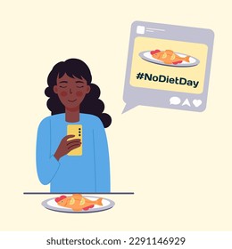 An African-American woman takes photos of food and posts them online with the hashtag No Diet Day