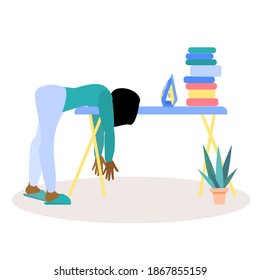  African-American woman was tired of Ironing. The young woman fatigue from housework. Stack of clothes, an iron, Board are isolated on a white background. Vector illustration in flat style.