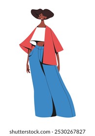 Mujer afroamericana con ropa de verano de moda. Personaje femenino de cuerpo completo de moda en ropa casual con estilo. Hermosa niña sonriente en Ilustración vectorial plana de jeans aislada en blanco.