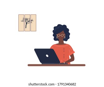 African-american woman tutor work on laptop.Remote work, distance learning or online training during the virus epidemic.Lady trainer or coach conduct webinar or workshop.Vector colourful illustration