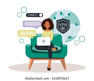 An African-American woman uses a VPN to protect her personal data on her computer. Secure online connection and protection. The concept of a VPN service. Vector