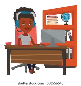 African-american woman using computer for playing games. Cheerful woman in headphones playing online games. Woman playing computer game. Vector flat design illustration isolated on white background.