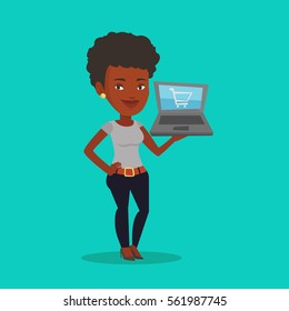 African-american woman using laptop for online shopping. Female customer holding laptop with shopping trolley on a screen. Woman doing online shopping. Vector flat design illustration. Square layout.