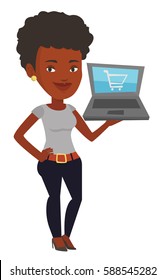 African-american woman using laptop for online shopping. Woman holding laptop with shopping trolley on screen. Woman doing online shopping. Vector flat design illustration isolated on white background