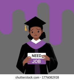 African-American Woman Wearing Graduation Gown Graduated From University While Jobless And Economic Depression Due Covid-19 Pandemic Concept. Unemployment Problems And Labor Market Crisis. Vector