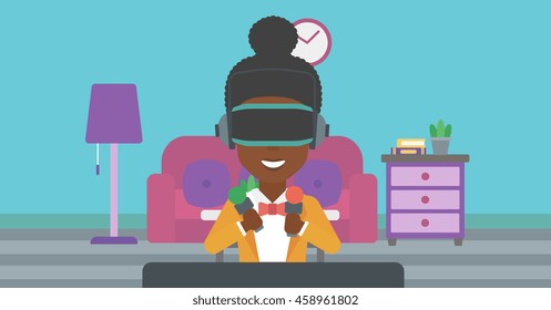 An african-american woman wearing a virtual reality headset and holding motion controllers in hands. Woman playing video games in apartment. Vector flat design illustration. Horizontal layout.