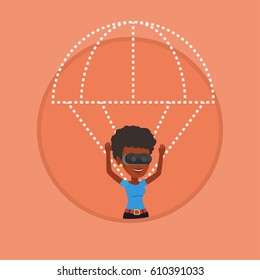 African-american woman wearing virtual reality glasses and flying with parachute. Woman in vr headset flying in virtual reality. Vector flat design illustration in the circle isolated on background.