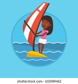 African-american woman windsurfing. Woman standing on board with sail and learning to windsurf. Windsurfer training on the water. Vector flat design illustration in the circle isolated on background.