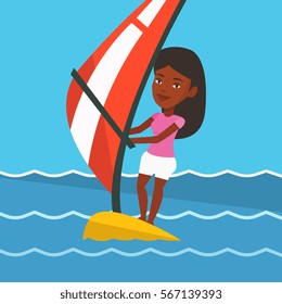 African-american woman windsurfing in a summer day. Windsurfer standing on board with sail and learning to windsurf. Windsurfer training on the water. Vector flat design illustration. Square layout.