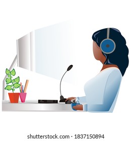 An African-American woman at work with headphones through a microphone communicates with a client in an online chat. Concept illustration of work at home, for support, assistance, call center.