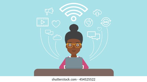 An african-american woman working on a laptop and social computer network icons above him. Vector flat design illustration. Horizontal layout.