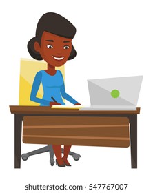 African-american woman working on laptop and writing notes. Student sitting at the table with laptop. Student using laptop for education. Vector flat design illustration isolated on white background.