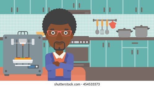 An african-american woman working with three D printer making pizza on background of kitchen. Man with crossed arms standing near 3D printer. Vector flat design illustration. Horizontal layout.