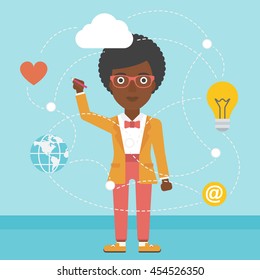 An african-american woman writing on a virtual screen. Business woman drawing a cloud computing diagram on a virtual screen. Cloud computing concept. Vector flat design illustration. Square layout.