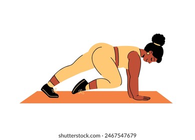 African-American woman in yellow sports outfit doing mountain climbers exercise. Flat vector illustration of plus size female character working out. Body positive and active lifestyle concept.