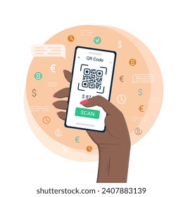 An  African-American woman's hand holding a smartphone, scanning and paying with a QR code technology. Contactless mobile payment. Vector illustration in flat style