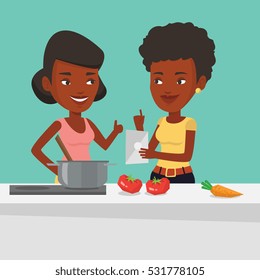African-american women following recipe for healthy vegetable meal on digital tablet. Women cooking healthy meal. Women having fun cooking together. Vector flat design illustration. Square layout.