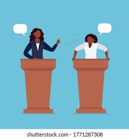 African-American women taking part in debates. Pair of government workers talking to each other, discussing problems, or having a dispute. Flat vector illustration