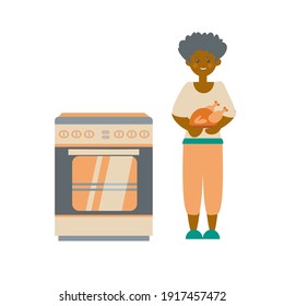African-American womencooking roasted chiken on kitchen with oven Flat vector illustration